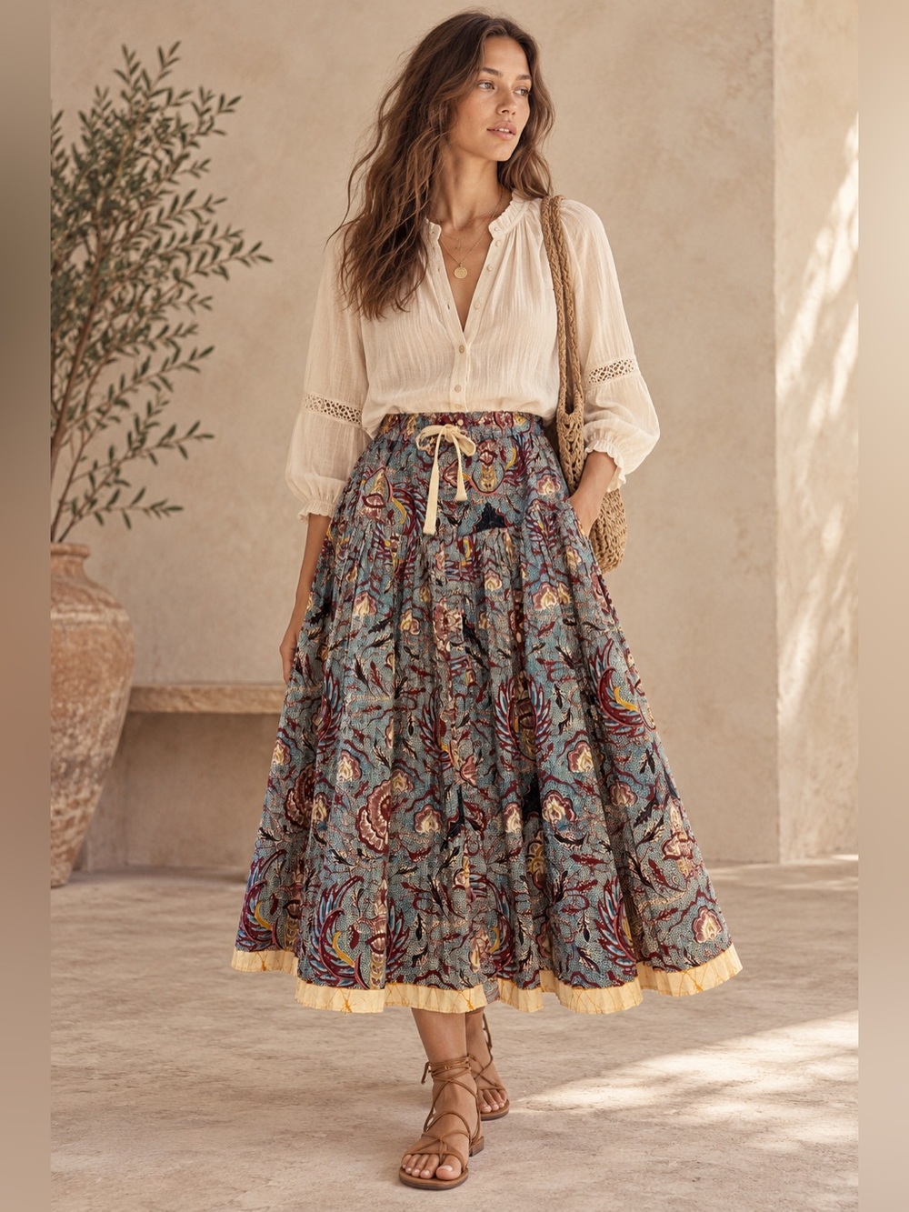 Ulla Johnson Pleated Midi Skirt Floral Paisley Botanical Cotton Boho Elastic 4